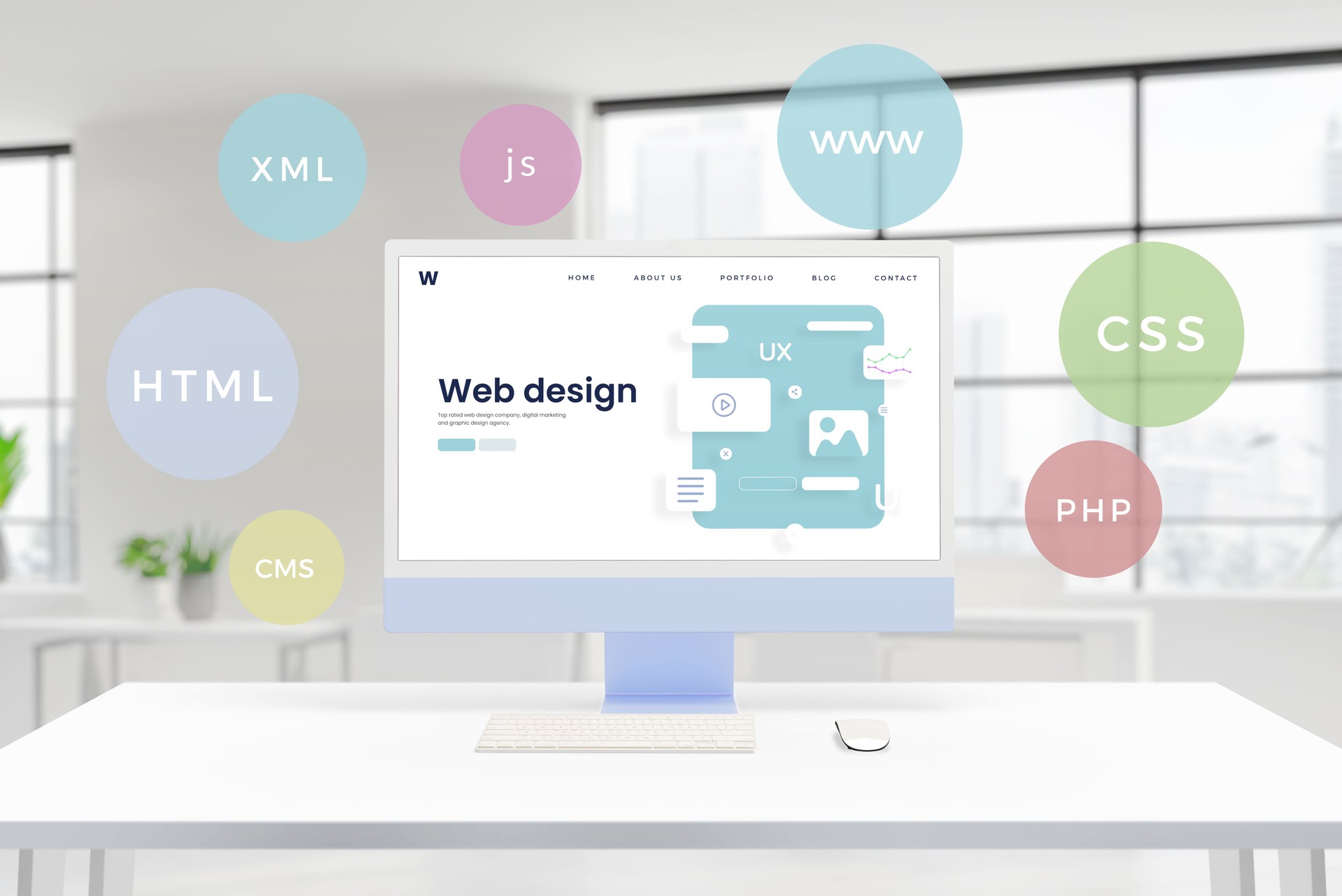 Computer display showcases a conceptual web design studio page with layout elements. Floating balloons feature HTML, PHP, CSS, XML, JS, CMS technologies