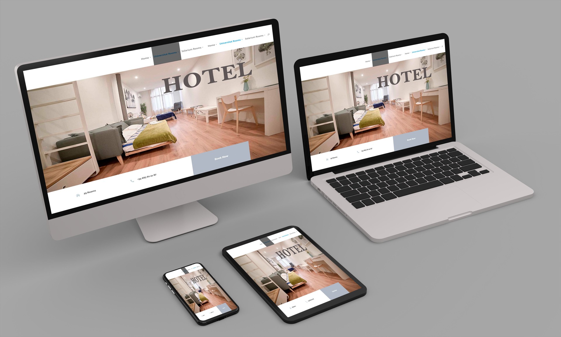 Laptop, mobile and tablet 3d rendering showing hotel responsive web design .3d illustration