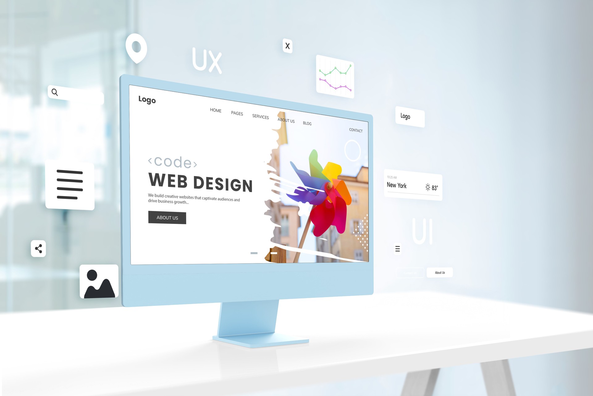 Stylish blue screen sits on an office desk, displaying a vibrant web design page, complemented by surrounding web design modules, reflecting a cutting-edge design studio atmosphere